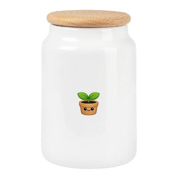 Mignon pot de pousse à la Kawaii - Boîte à biscuits avec couvercle en bois - blanc - Devant