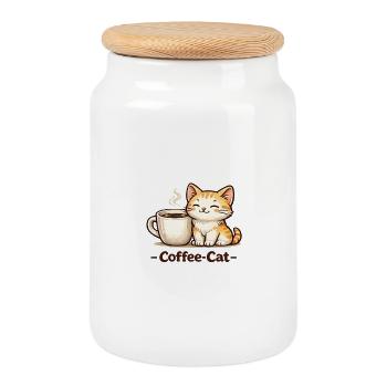 Coffee Kitten Illustration - Cookie Jar with Wooden Lid - white - Front