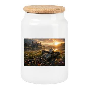 Sunset Knight by Castle Field - Cookie Jar with Wooden Lid - white - Front