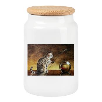 Fisher cat and goldfish in bowl - Cookie Jar with Wooden Lid - white - Front