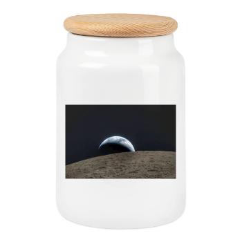 Earth over lunar surface - Cookie Jar with Wooden Lid - white - Front