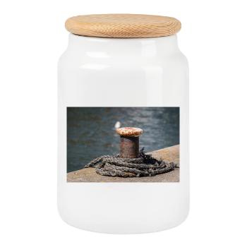 Bollards in the port of Büsum Germany Poster - Cookie Jar with Wooden Lid - white - Front