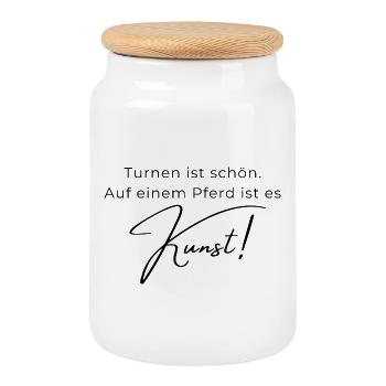 Turnen ist schön: Voltigieren ist Kunst - Keksdose mit Holzdeckel - Weiß - Vorne