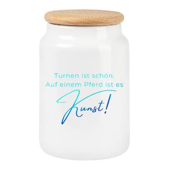 Turnen ist schön: Voltigieren ist Kunst - Keksdose mit Holzdeckel - Weiß - Vorne