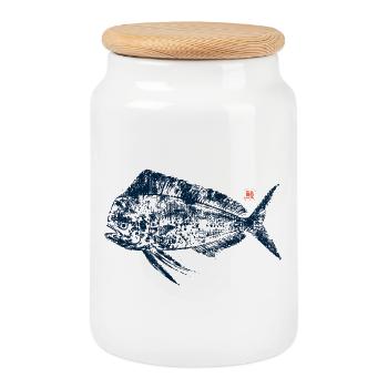 Mahi Mahi avec tampon kanji - Boîte à biscuits avec couvercle en bois - blanc - Devant