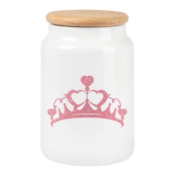 Pink Glitter Crown with Hearts - Cookie Jar with Wooden Lid - white - Front