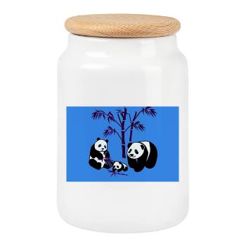 Panda Family in Bamboo Forest - Blue - Cookie Jar with Wooden Lid - white - Front