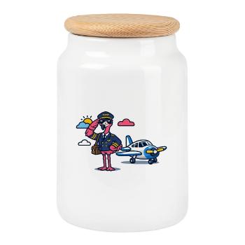 Flamingo pilot on propeller plane - Cookie Jar with Wooden Lid - white - Front
