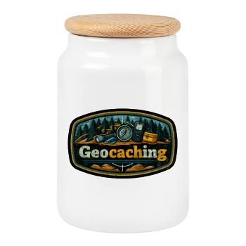 Geocaching - Keksdose mit Holzdeckel - Weiß - Vorne