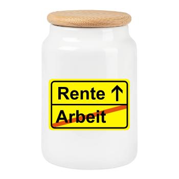 Ortsausgangsschild Arbeit Rente - Keksdose mit Holzdeckel - Weiß - Vorne