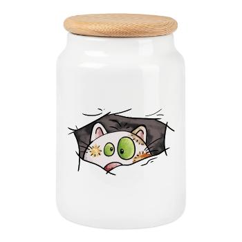 Cat looks out of the hole - cats - comic - Cookie Jar with Wooden Lid - white - Front