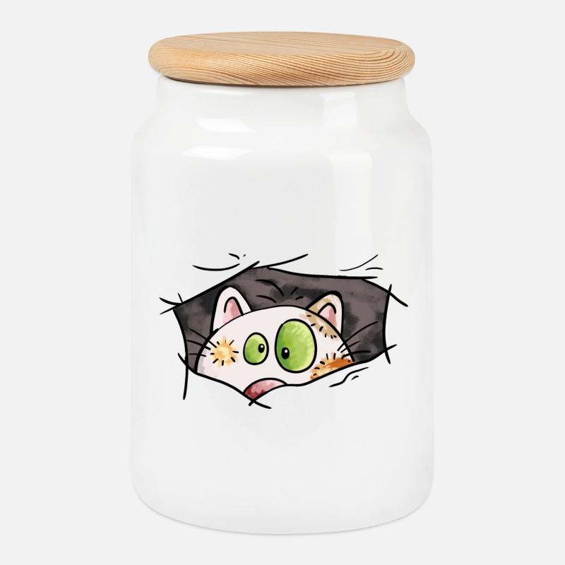 Katze guckt aus dem Loch - Katzen - Comic - Keksdose mit Holzdeckel - Weiß