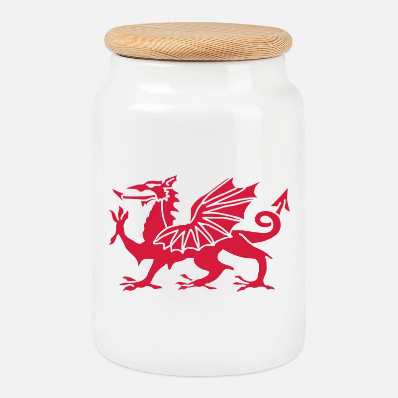 Welsh Dragon - Cookie Jar with Wooden Lid - white