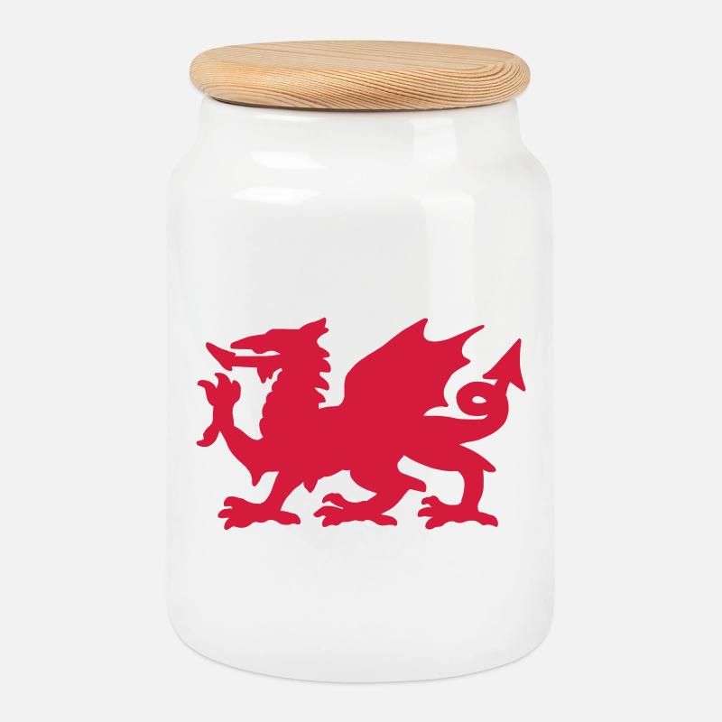 Welsh Dragon - Cookie Jar with Wooden Lid - white