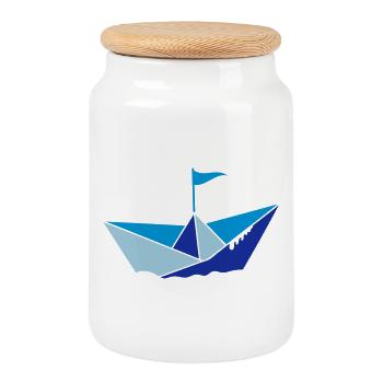 petit bateau en papier dans l'eau avec drapeau - Boîte à biscuits avec couvercle en bois - blanc - Devant