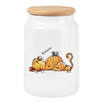 Ronflement chat et souris - Cadeau - Boîte à biscuits avec couvercle en bois - blanc - Devant