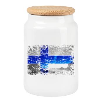 Finland with northern lights in vintage style - Cookie Jar with Wooden Lid - white - Front