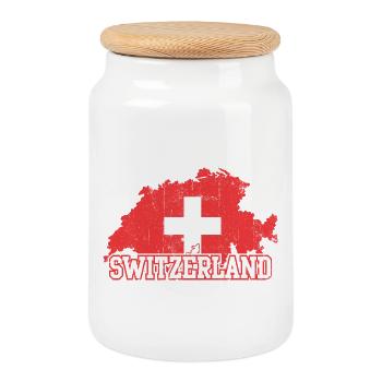 Emblème de la croix de la carte suisse avec silhouettes - Boîte à biscuits avec couvercle en bois - blanc - Devant