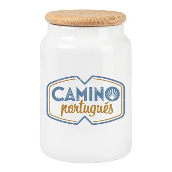 Camino Portugués Pilgrim's Stamp | Santiago - Cookie Jar with Wooden Lid - white - Front