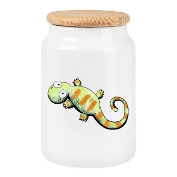Happy Gecko I Echse - Keksdose mit Holzdeckel - Weiß - Vorne