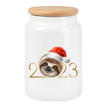 2023 New Year's Eve sloth - Cookie Jar with Wooden Lid - white - Front