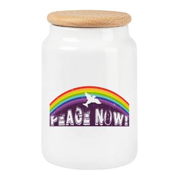 PEACE NOW with dove of peace - Cookie Jar with Wooden Lid - white - Front