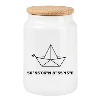 Folding boat, Ejerslev Havn coordinates design - Cookie Jar with Wooden Lid - white - Front