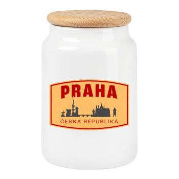 Praha Skyline & ČR Emblem - Cookie Jar with Wooden Lid - white - Front
