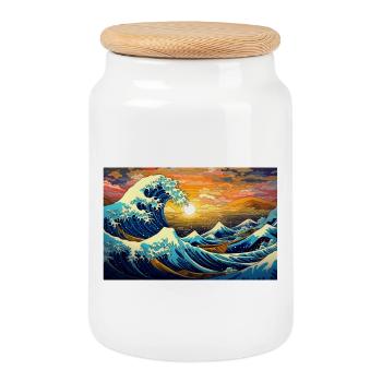 the great wave off of kanegawa - Cookie Jar with Wooden Lid - white - Front