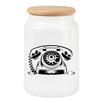 Oldschool Phone Drawing - Cookie Jar with Wooden Lid - white - Front