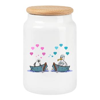 Seagulls Boat Love Hearts Valentine Romance - Cookie Jar with Wooden Lid - white - Front