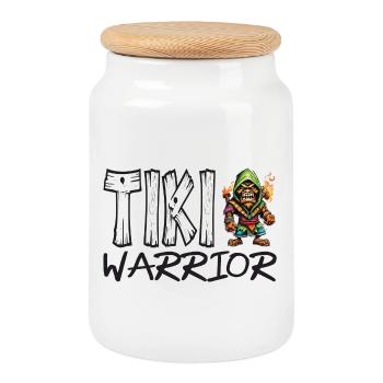 Tiki Warrior Motif - Cookie Jar with Wooden Lid - white - Front