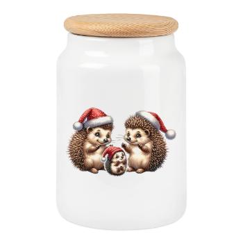 Christmas | A cute family of hedgehogs - Cookie Jar with Wooden Lid - white - Front