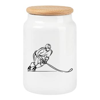 Eishockeyspieler Line Art - Keksdose mit Holzdeckel - Weiß - Vorne