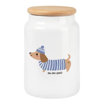 Oh mon chien ! - Rayures bleues - Boîte à biscuits avec couvercle en bois - blanc - Devant