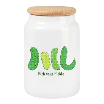 Pick Your Pickle: Green Cucumber Art - Cookie Jar with Wooden Lid - white - Front