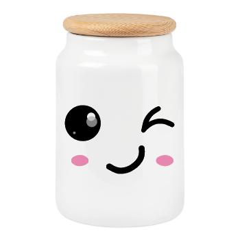 Clin d’œil sourire - Boîte à biscuits avec couvercle en bois - blanc - Devant