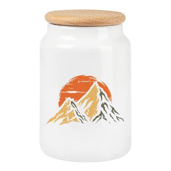 vintage mountains with evening sun - hiking symbol - Cookie Jar with Wooden Lid - white - Front