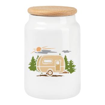 camping qek in der Natur - cartoon camper Logo - Keksdose mit Holzdeckel - Weiß - Vorne