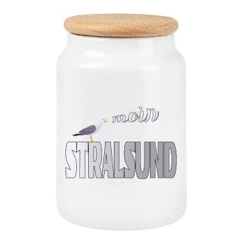 Stralsund Möwe & Moin Ostsee - Keksdose mit Holzdeckel - Weiß - Vorne