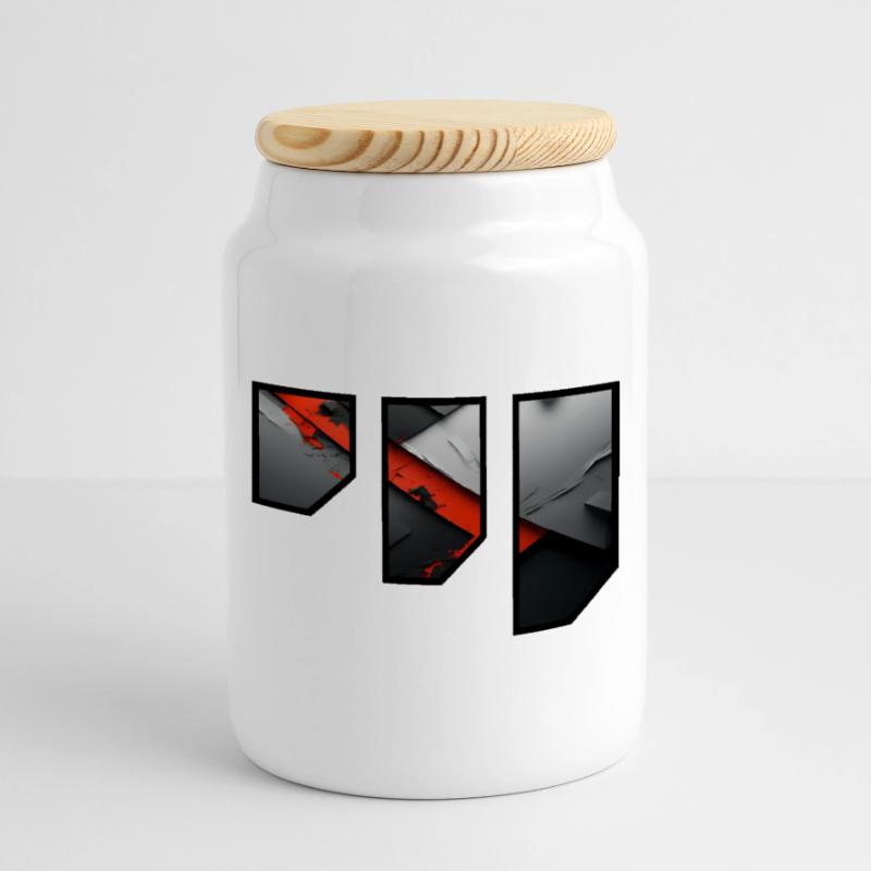 Abstract Red and Grey Tearing Pattern Cookie Jar with Wooden Lid