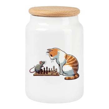 Playful Cats and Mouse Chess Illustration - Cookie Jar with Wooden Lid - white - Front