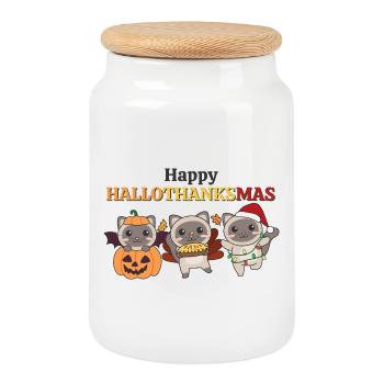Happy Hallothanksmas Siamese Cat Christmas Cats - Cookie Jar with Wooden Lid - white - Front