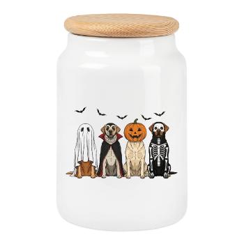 Chiens d'Halloween avec lanterne citrouille, Labrador - Boîte à biscuits avec couvercle en bois - blanc - Devant