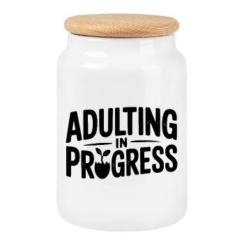 Adulting in Progress - Cookie Jar with Wooden Lid - white - Front