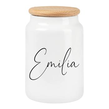 Emilia / Conception d’écriture manuscrite personnalisée - Boîte à biscuits avec couvercle en bois - blanc - Devant