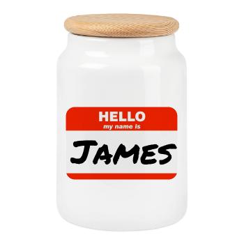 Bonjour, je m’appelle James Red Label avec le prénom - Boîte à biscuits avec couvercle en bois - blanc - Devant
