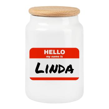 Hello My Name Is Linda Label Name Tag - Cookie Jar with Wooden Lid - white - Front