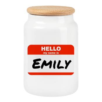 Hello My Name Is Emily Label Name Tag - Cookie Jar with Wooden Lid - white - Front