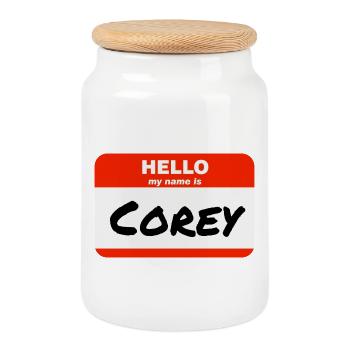 Hello My Name Is Corey Label Name Tag - Cookie Jar with Wooden Lid - white - Front